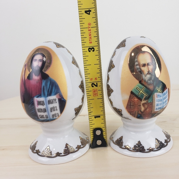 Korosten Porcelain Easter Egg Jesus Christ St. Nicholas Ukraine White & Gold - Picture 9 of 10